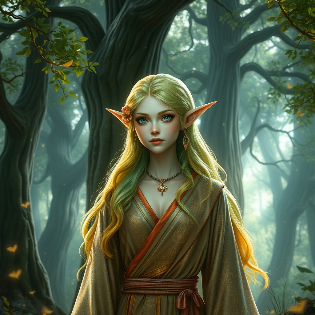 A beautifully detailed Eladrin, a mystical elf-like being, standing in an enchanted forest