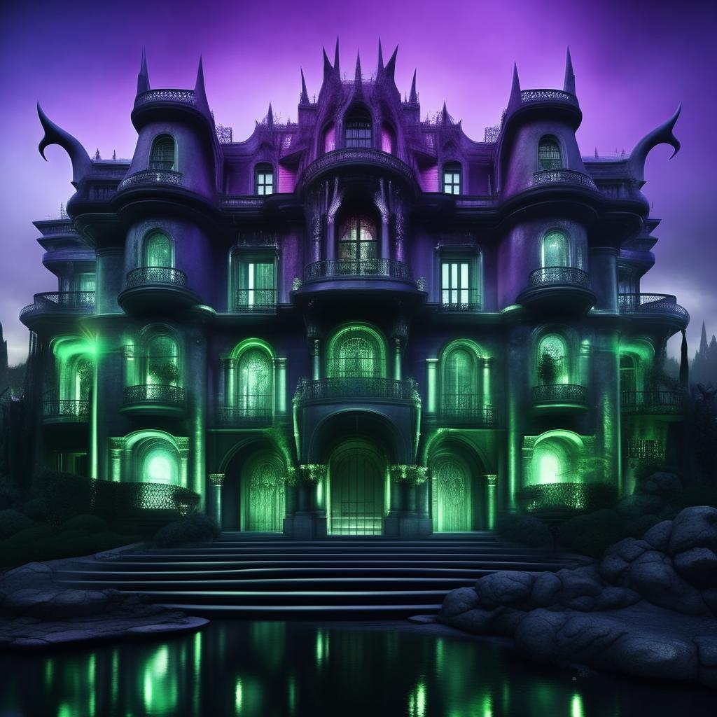 An external shot of a malevolent, high-tech mansion, the abode of an evil billionaire genius. Sinister architectural features amplified by chilling blues, haunting greens, and intense purples elicit a palpable aura of unmitigated wickedness, pulsating with raw power and untamed rage.