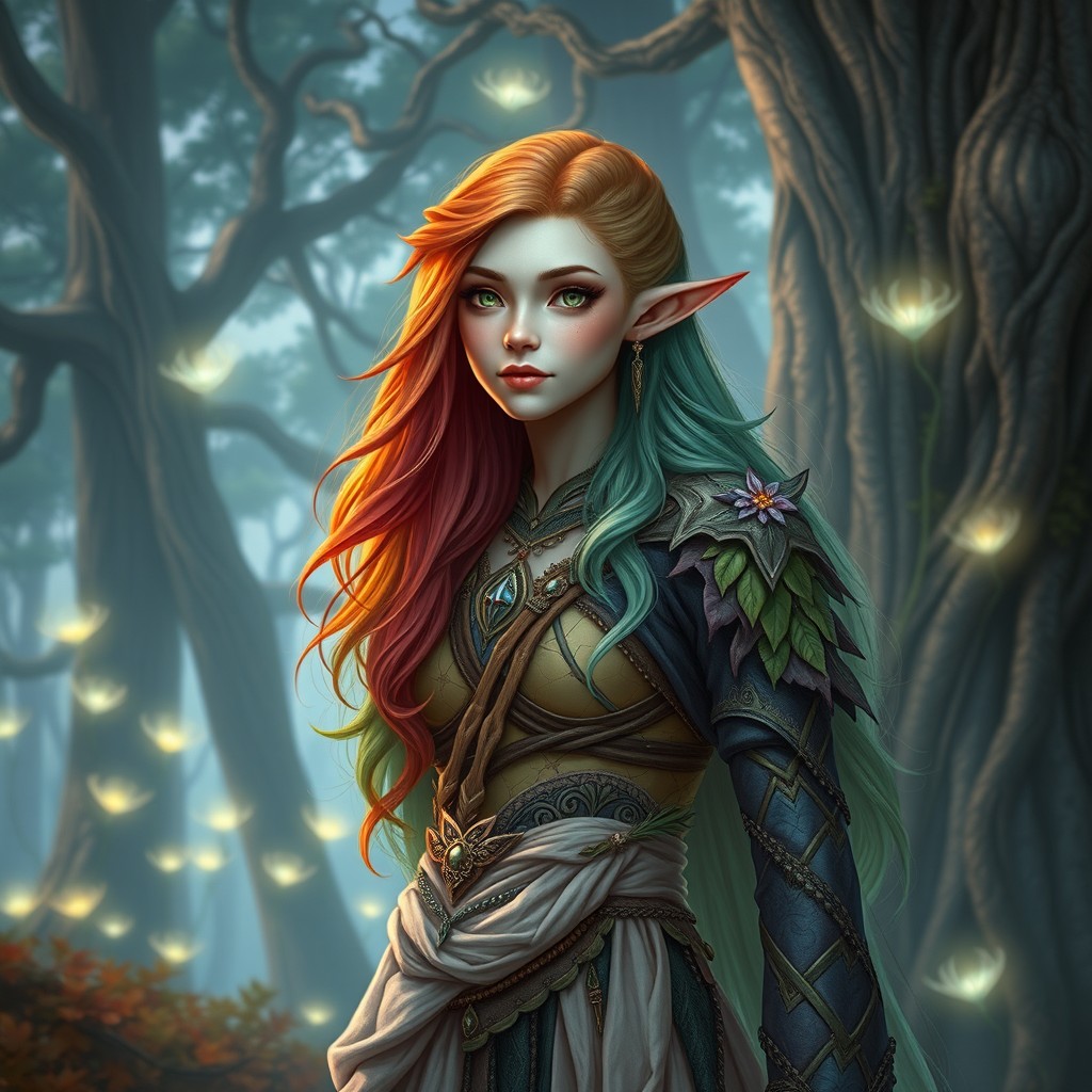 A stunning depiction of an Eladrin, an elegant and magical elf-like character, standing in an ethereal forest