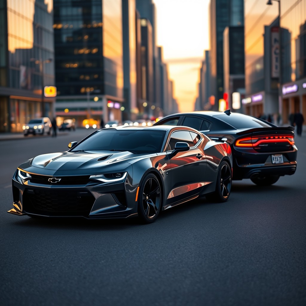 A cutting-edge concept design of a 2027 Chevrolet Camaro and Dodge Charger, parked together in an urban setting during twilight