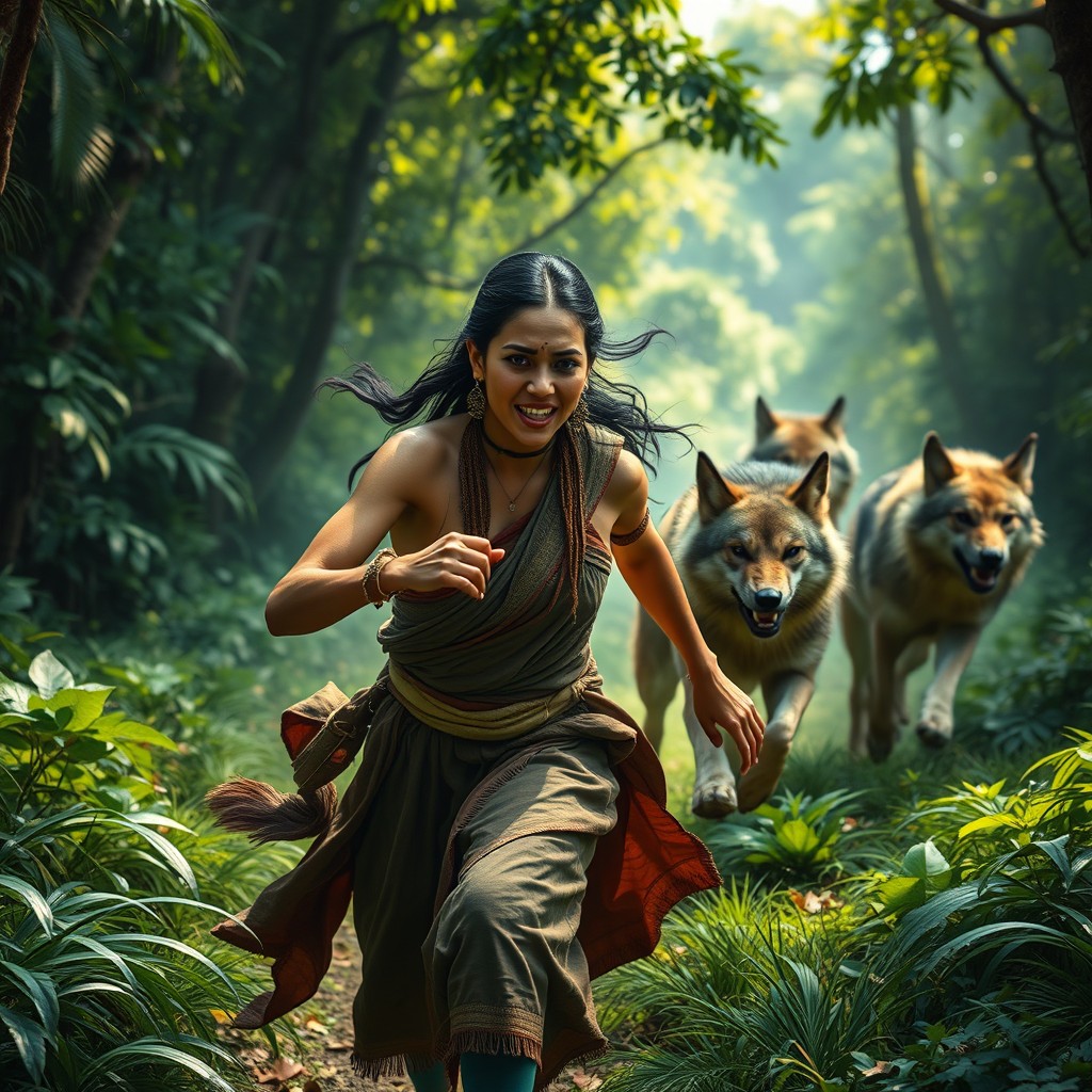 A dramatic scene depicting an ancient Khmer woman in traditional clothing, with intricate details on her garments, running swiftly through a lush jungle