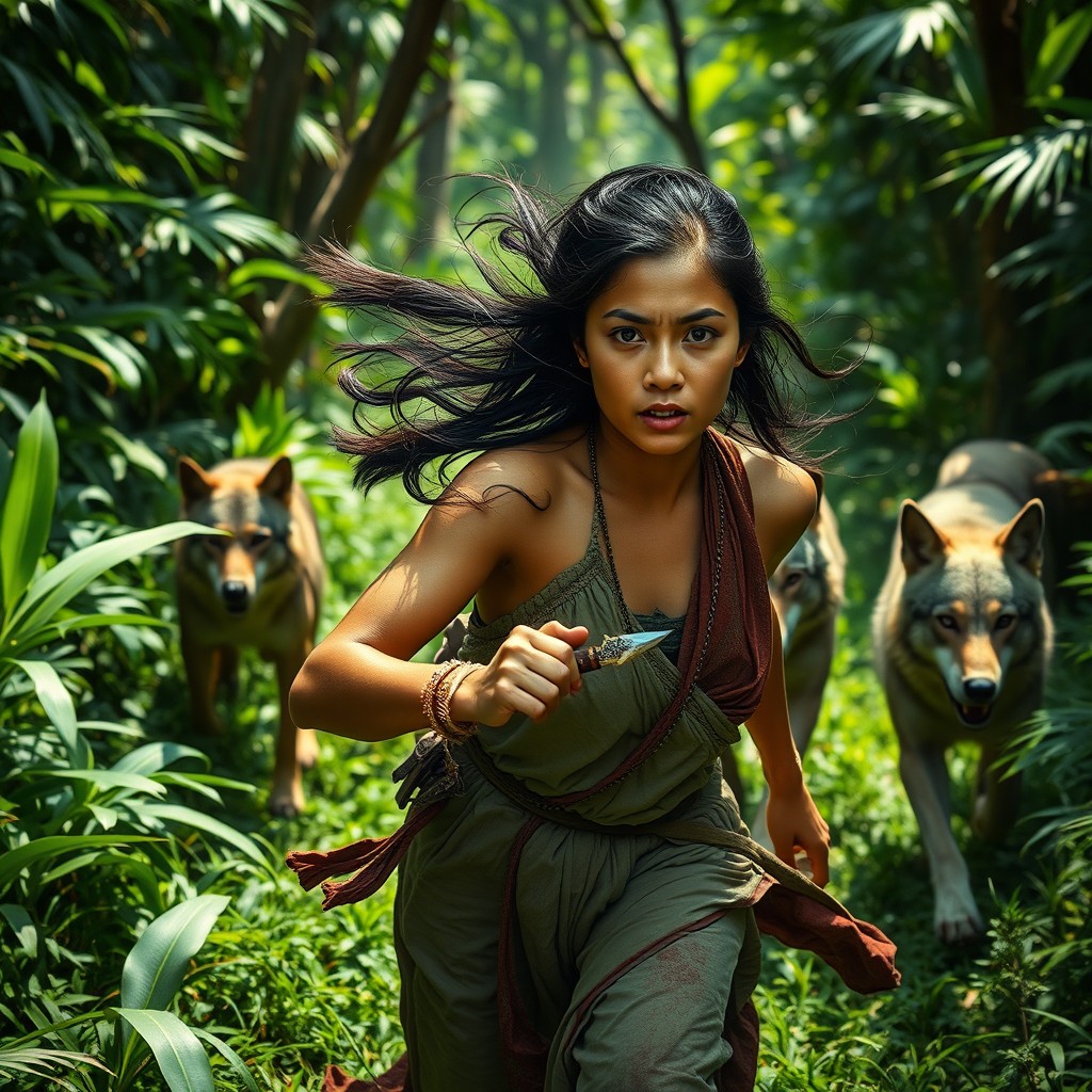 An ancient Khmer woman in traditional attire, her face showing determination and fear, running through a dense jungle with rich greenery