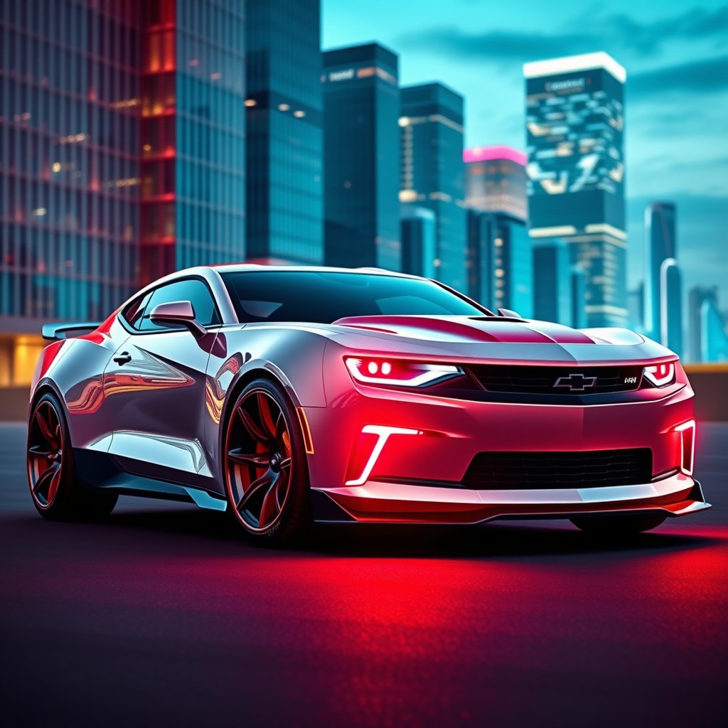 A futuristic concept car design featuring a modern Chevrolet Camaro and Dodge Charger fusion for the year 2027