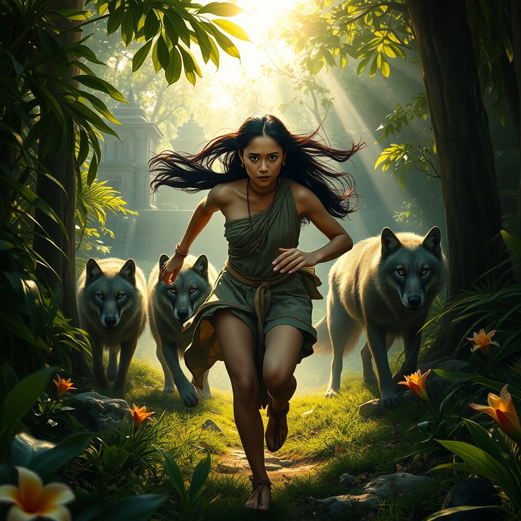An ancient Khmer woman dressed in traditional attire, her long hair flowing as she runs through a dense jungle