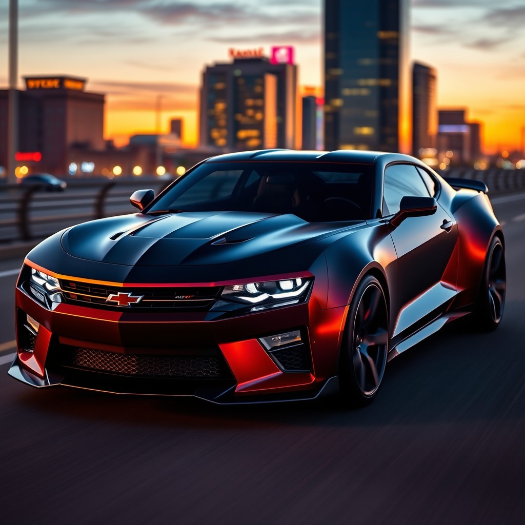 A modern concept car design blending the Chevrolet Camaro and Dodge Charger for the year 2027