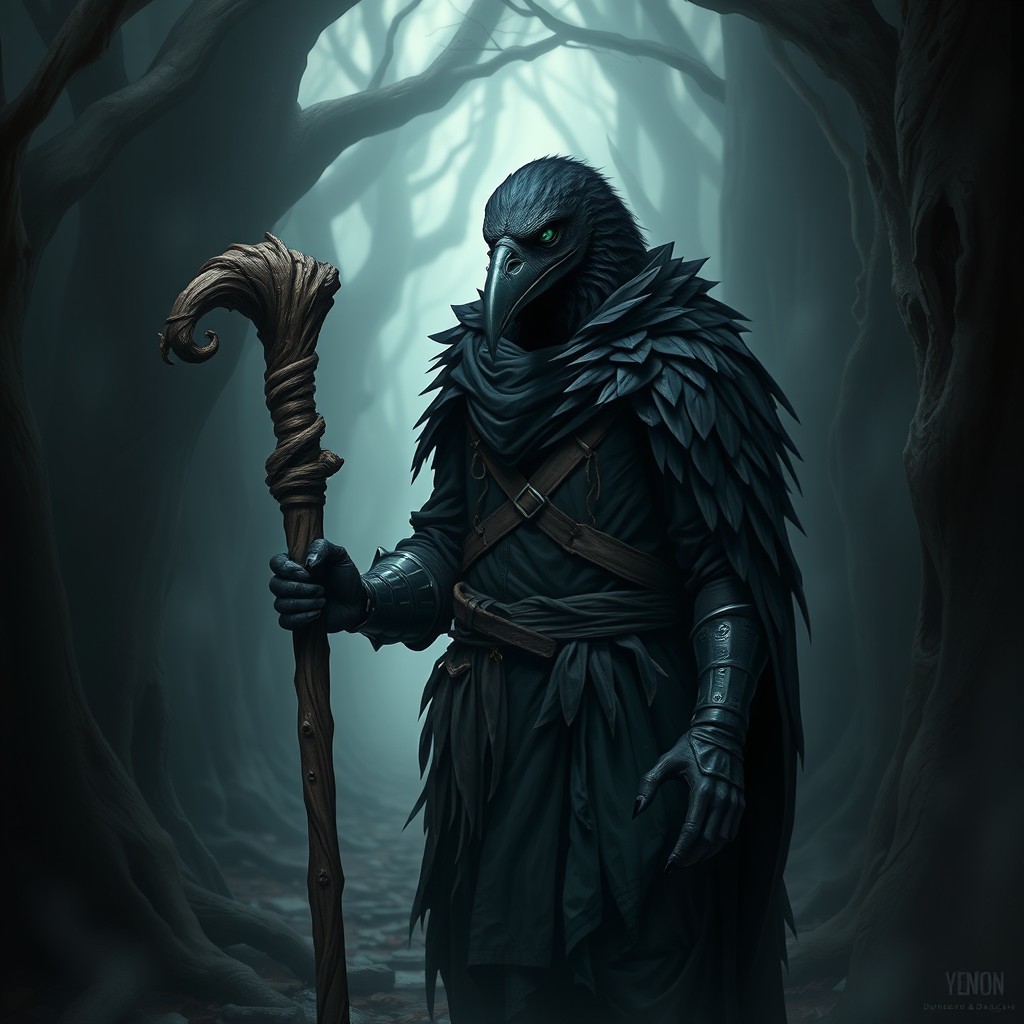 A Kenku from Dungeons & Dragons standing in a narrow, foggy forest alley, surrounded by gnarled trees and shadows