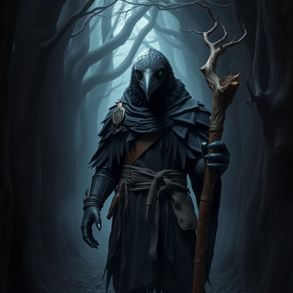 A Kenku from Dungeons & Dragons stands in a narrow, foggy forest alley, surrounded by gnarled trees and shadows