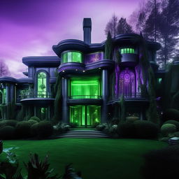 An external shot of a malevolent, high-tech mansion, the abode of an evil billionaire genius. Sinister architectural features amplified by chilling blues, haunting greens, and intense purples elicit a palpable aura of unmitigated wickedness, pulsating with raw power and untamed rage.