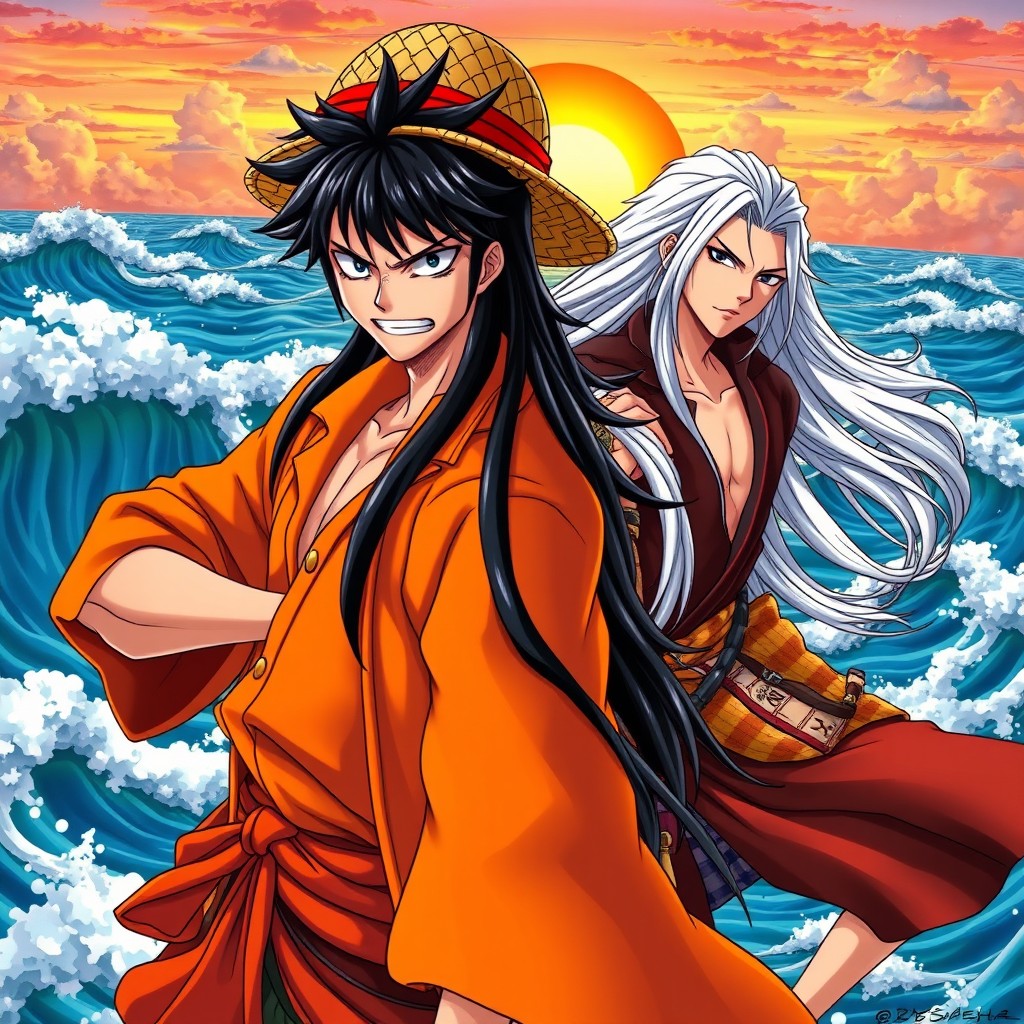 A vivid and colorful illustration of characters Ace and Yamato from the anime One Piece