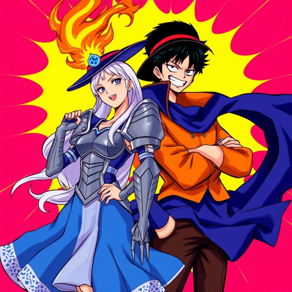 A vivid and dynamic illustration of Ace and Yamato based on their Vivre Card designs