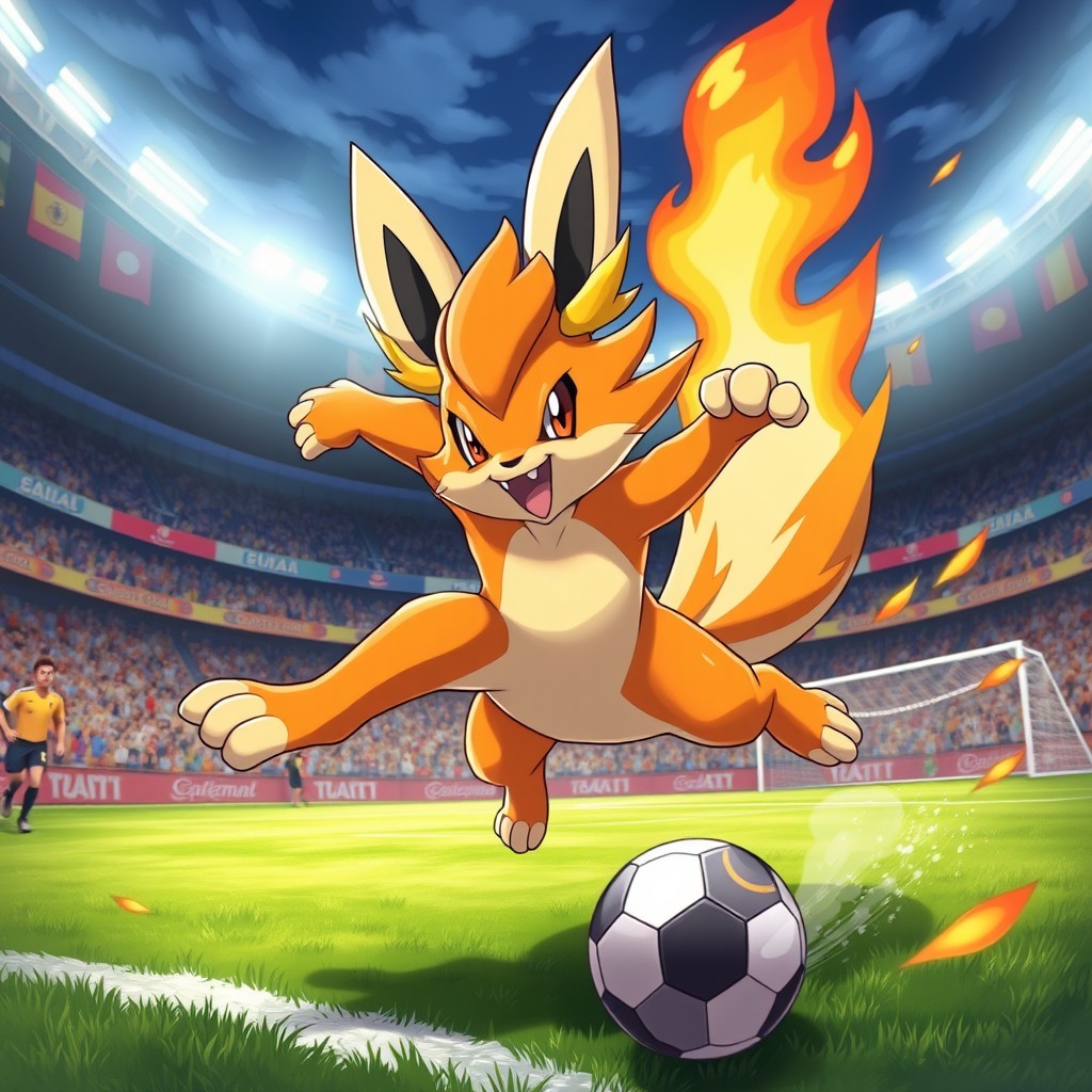 A highly detailed illustration of Cinderace, the Fire-type Pokémon, depicted in action during a vibrant soccer match