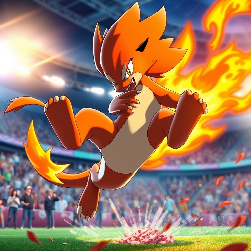 A strikingly dynamic portrayal of Cinderace, the fire-type Pokémon, showcasing its sleek, athletic pose mid-action on a vibrant battlefield