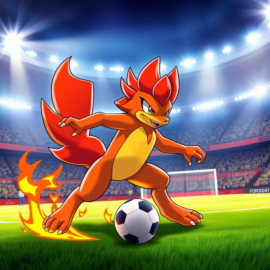 Cinderace, the fire-type Pokémon, striking a dynamic pose on the soccer field