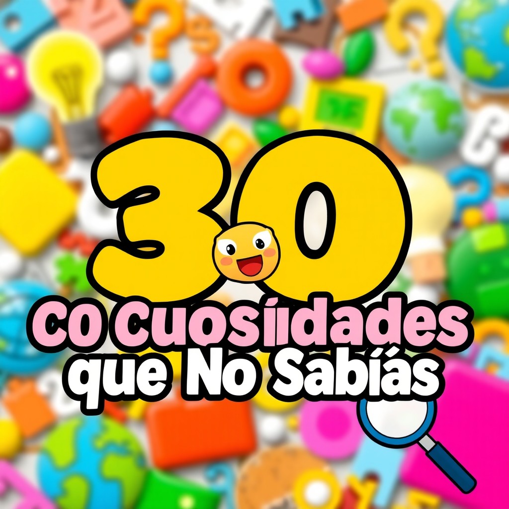 A visually engaging and colorful thumbnail design for a YouTube video titled '30 Curiosidades que No Sabías'