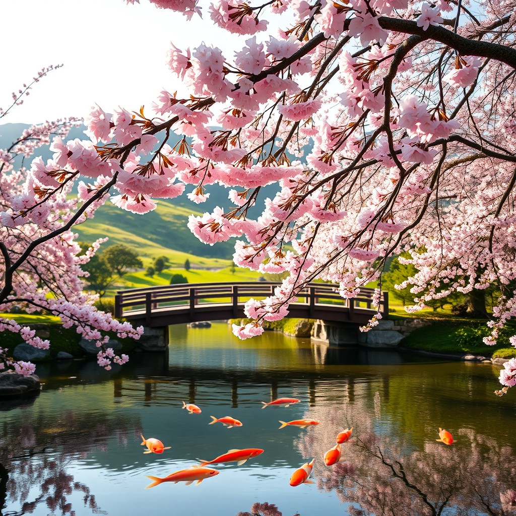 A serene Japanese garden featuring delicate cherry blossoms in full bloom, their pink petals fluttering gently on the breeze