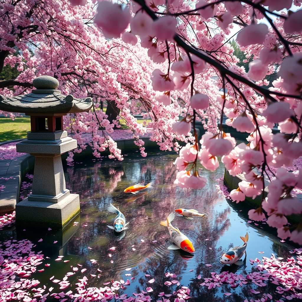 A serene scene featuring a koi pond surrounded by cherry blossom trees in full bloom