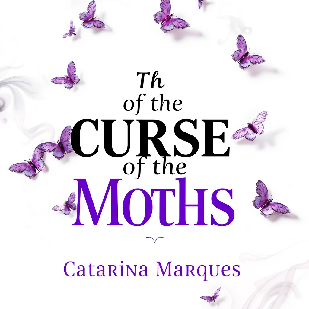 A captivating book cover design featuring a clean white background adorned with delicate purple moths gracefully flying throughout the composition