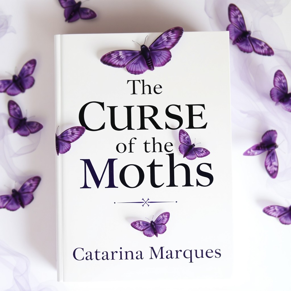 A book cover design featuring a white background adorned with graceful purple moths flying in various directions