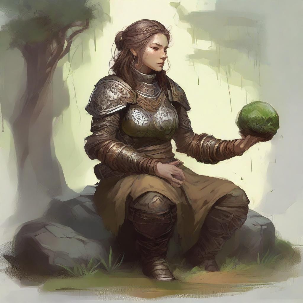 a current made from splinters and earth floats around a female dwarven kineticist that meditates amid nature while wearing her heavy armor