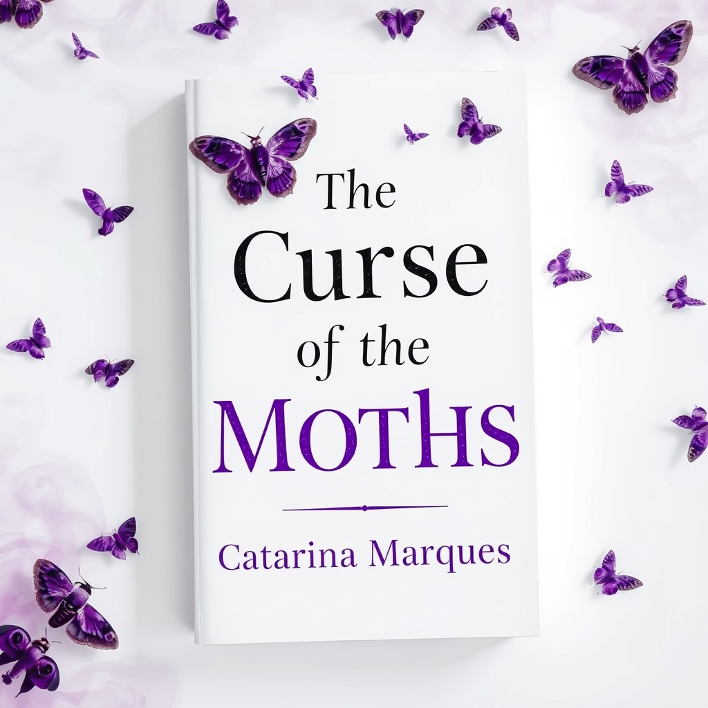 A visually striking book cover design featuring a pristine white background adorned with a swarm of delicate purple moths gracefully flying across the surface