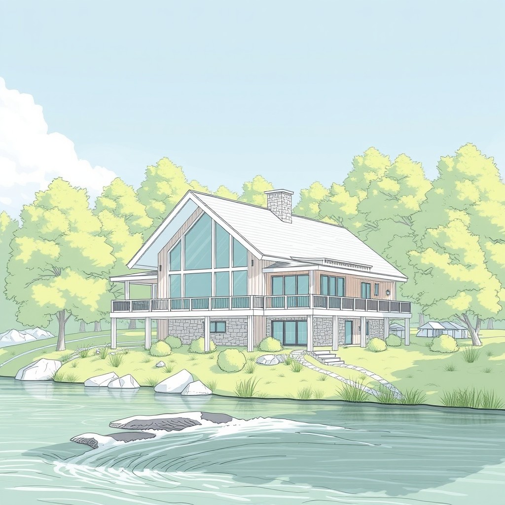 A detailed 3D sketch of a riverside house featuring large windows, a wraparound porch, and a sloping roof