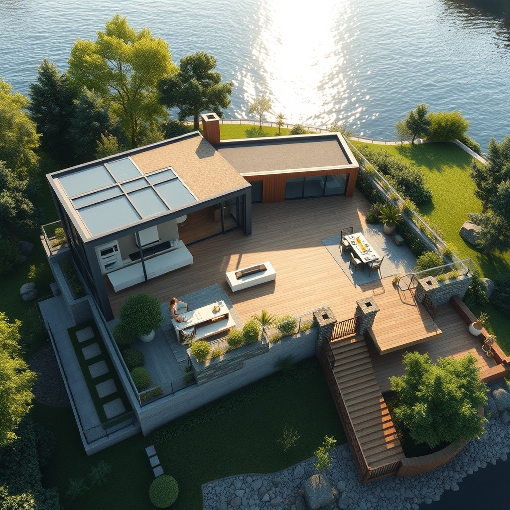 A detailed 3D rendering of a riverside house floorplan, showcasing an elegant and modern design
