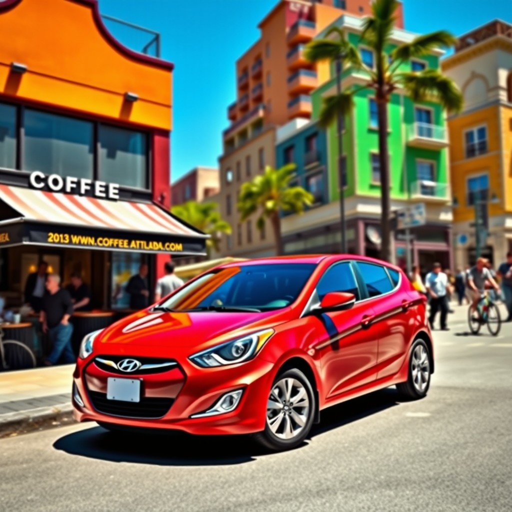 A vivid and dynamic scene featuring a 2013 Hyundai Attitude in a vibrant urban setting