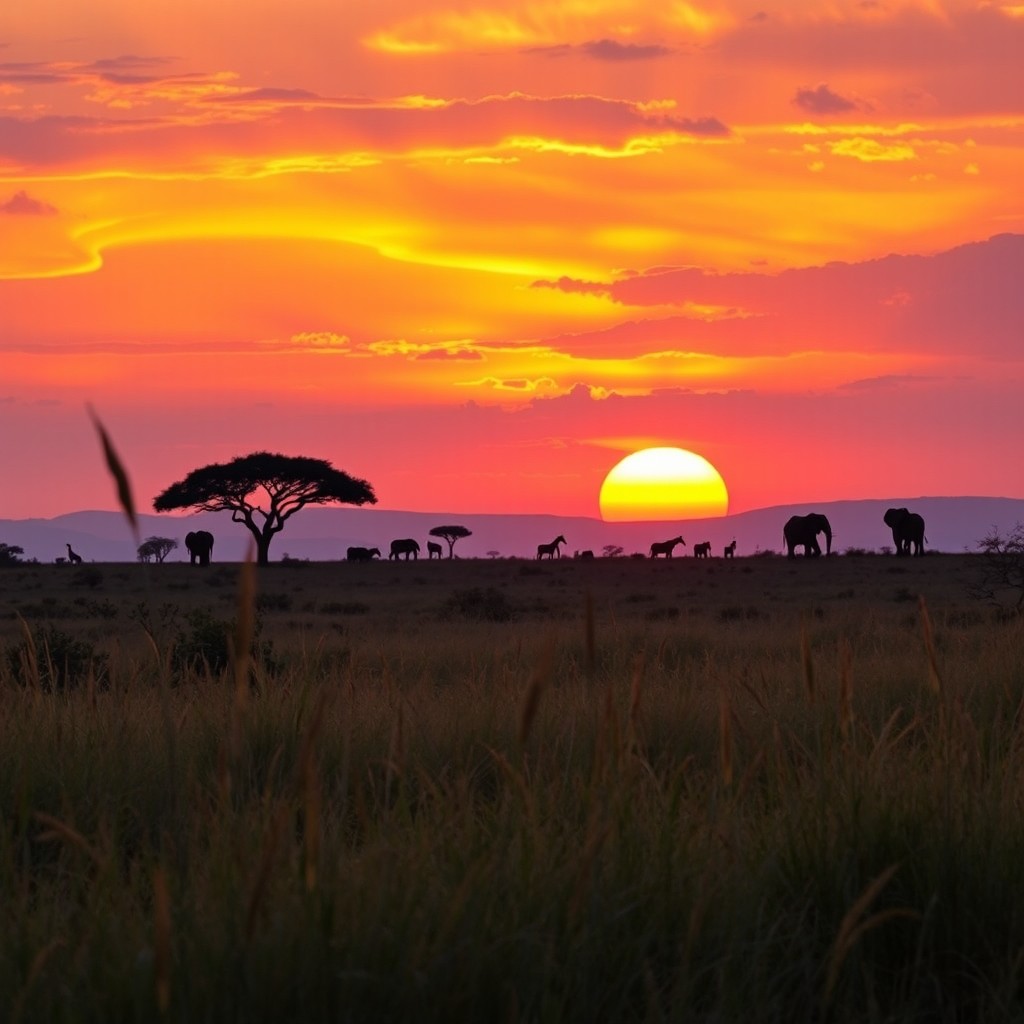 A vibrant and colorful African landscape featuring a stunning sunset over a savanna