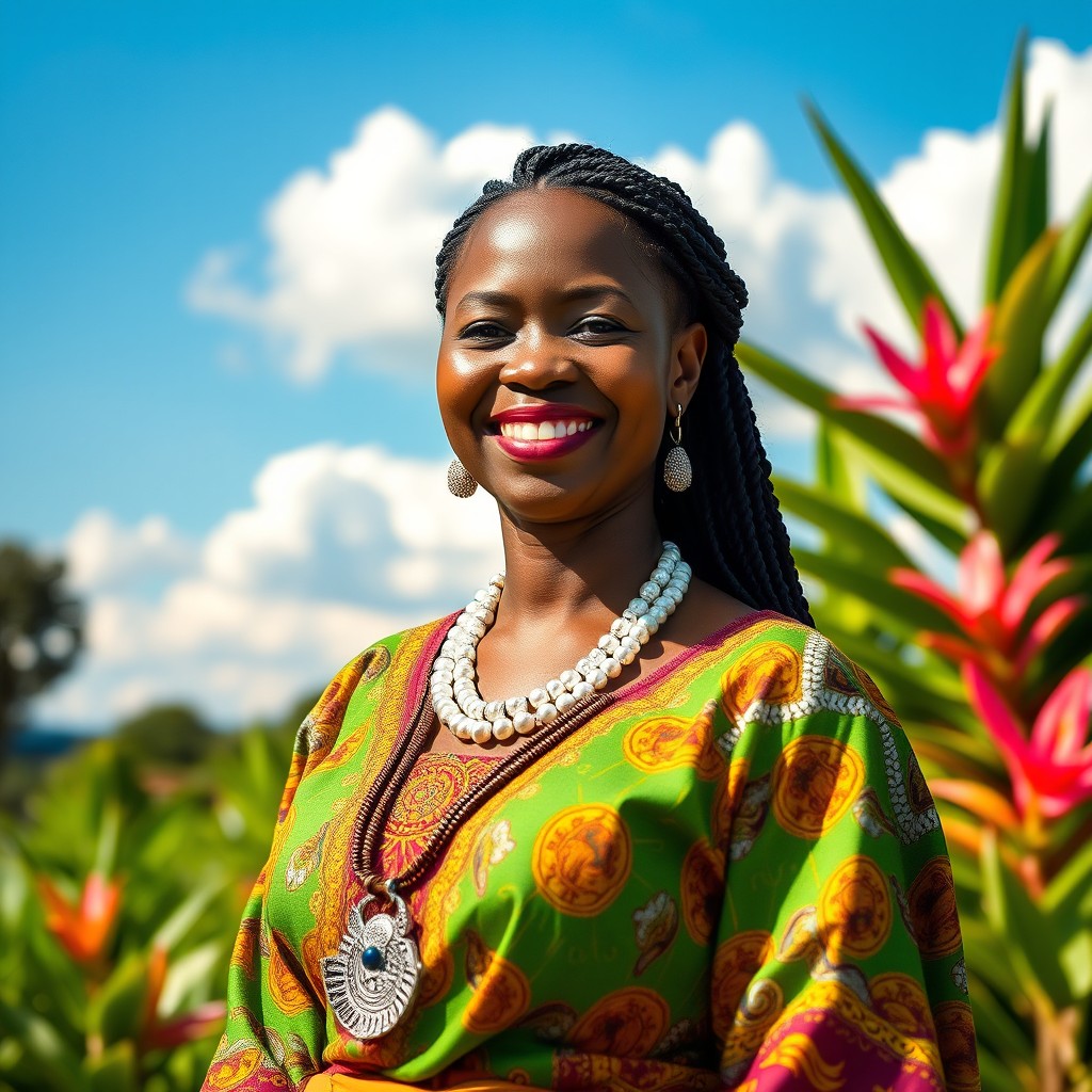 A vibrant portrait of a confident African woman standing in a lush green landscape, adorned in traditional colorful clothing with beautiful patterns, intricate beadwork, and silver jewelry