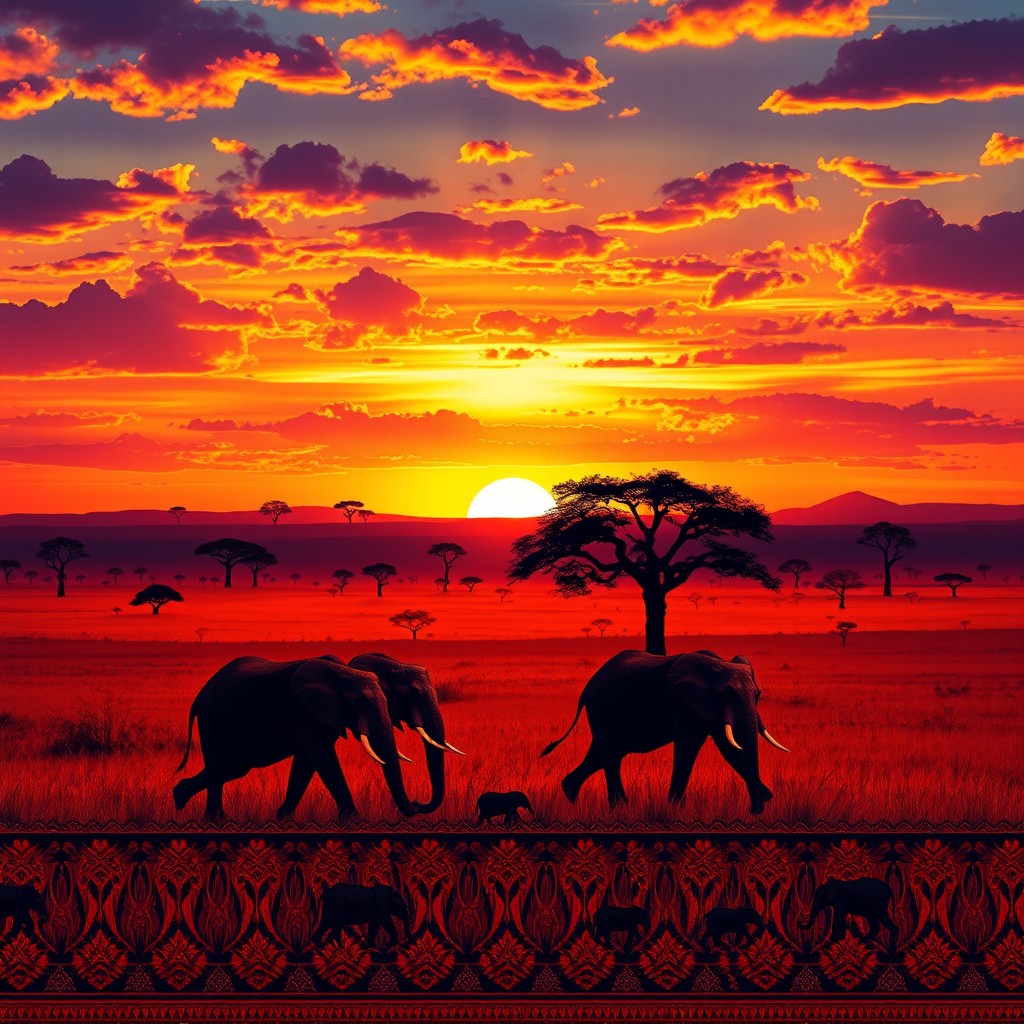 A vibrant, culturally rich African landscape featuring a stunning sunset over vast savannahs, with silhouettes of acacia trees dotting the horizon