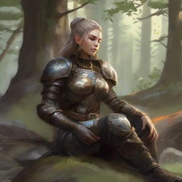 a current made from splinters and earth floats around a female dwarven kineticist that meditates amid nature while wearing her heavy armor