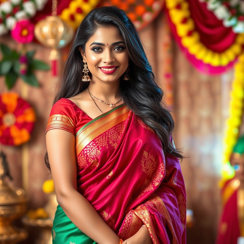 A beautiful Indian woman wearing a vibrant saree, draped elegantly over her figure