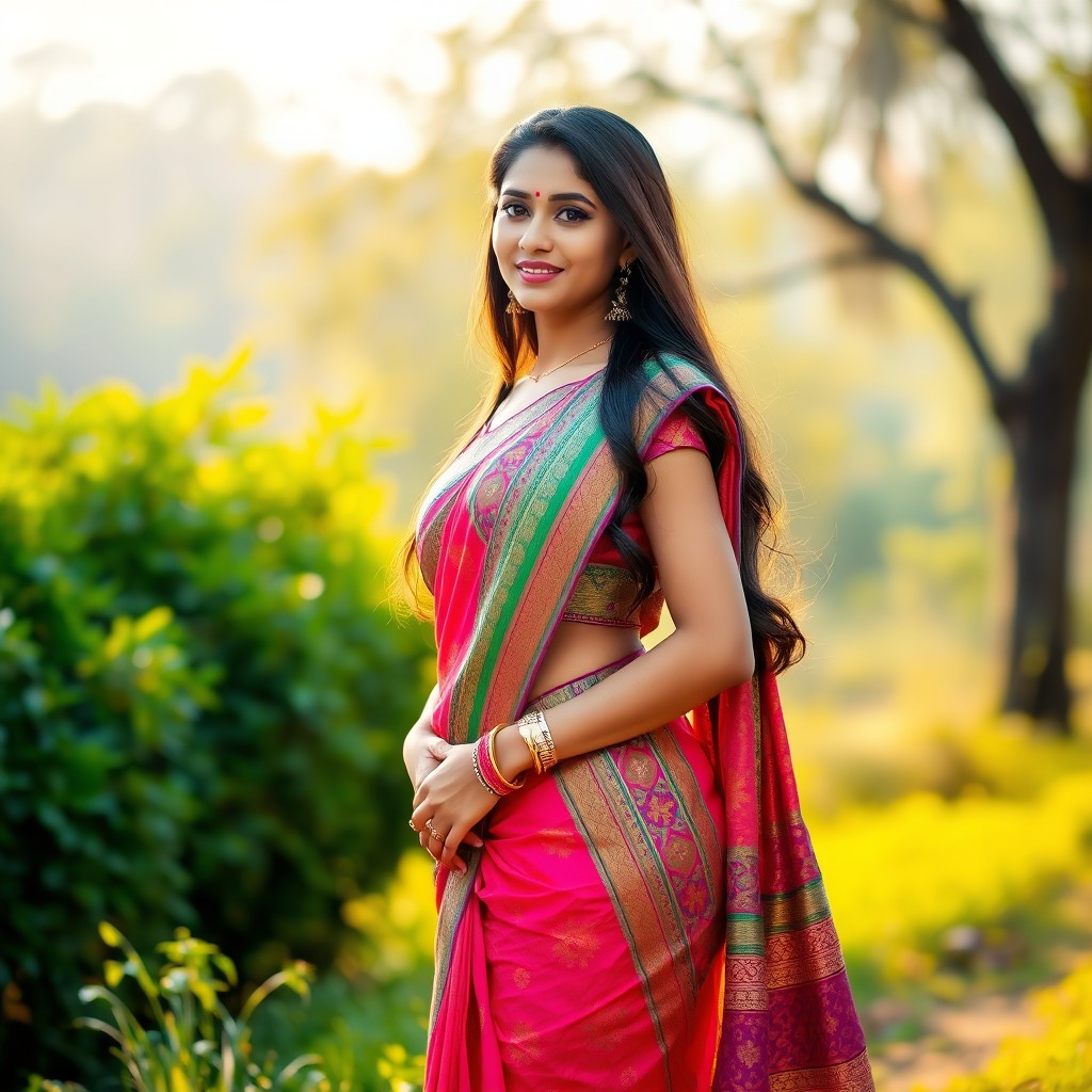 A beautiful Indian woman wearing a vibrant saree, standing gracefully in a picturesque setting