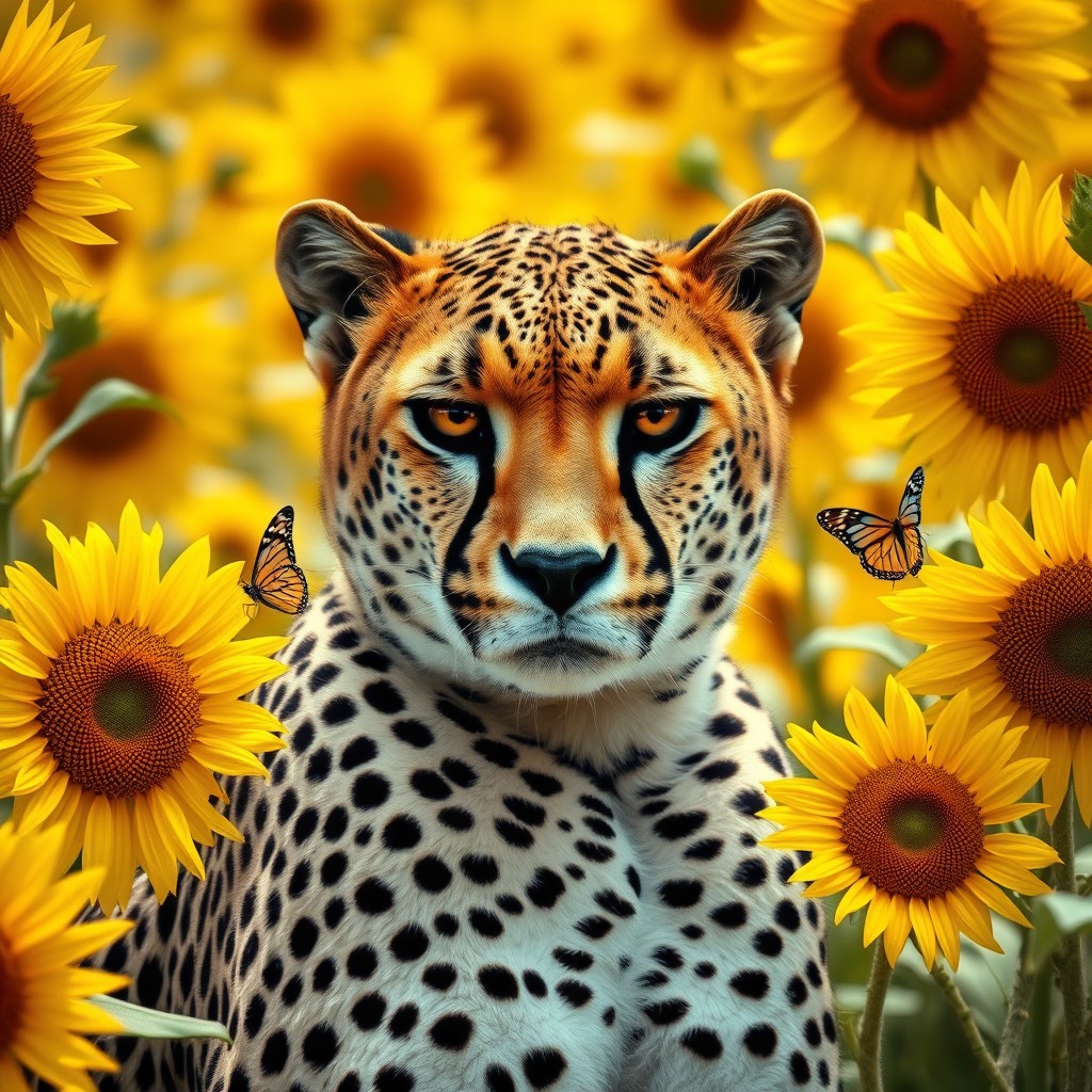 A majestic and serious cheetah up close in a vibrant sunflower field, surrounded by tall, bright yellow sunflowers swaying gently in the breeze