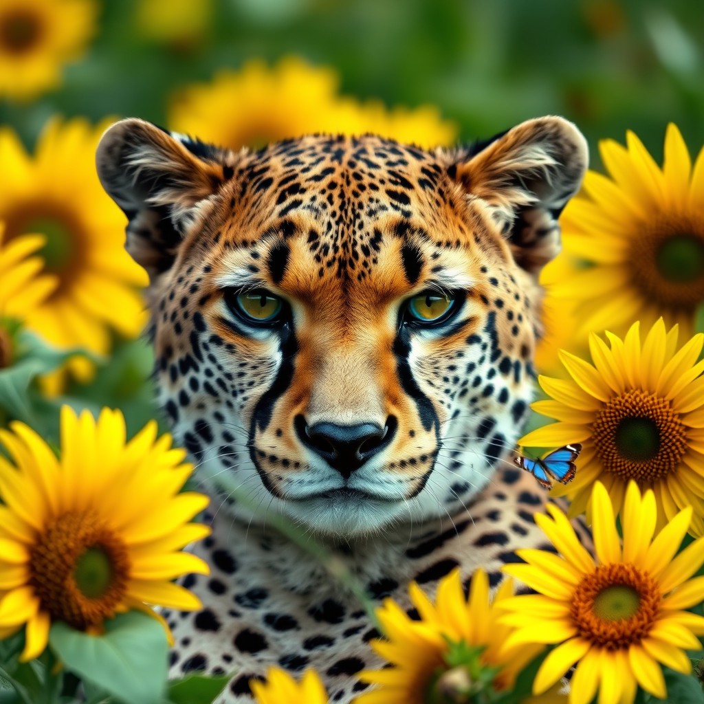 A majestic, wild, and serious cheetah (gepard) in an up-close shot, surrounded by a vibrant sunflower field