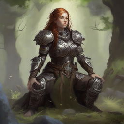 a current made from splinters and earth floats around a female dwarven kineticist that meditates amid nature while wearing her heavy armor