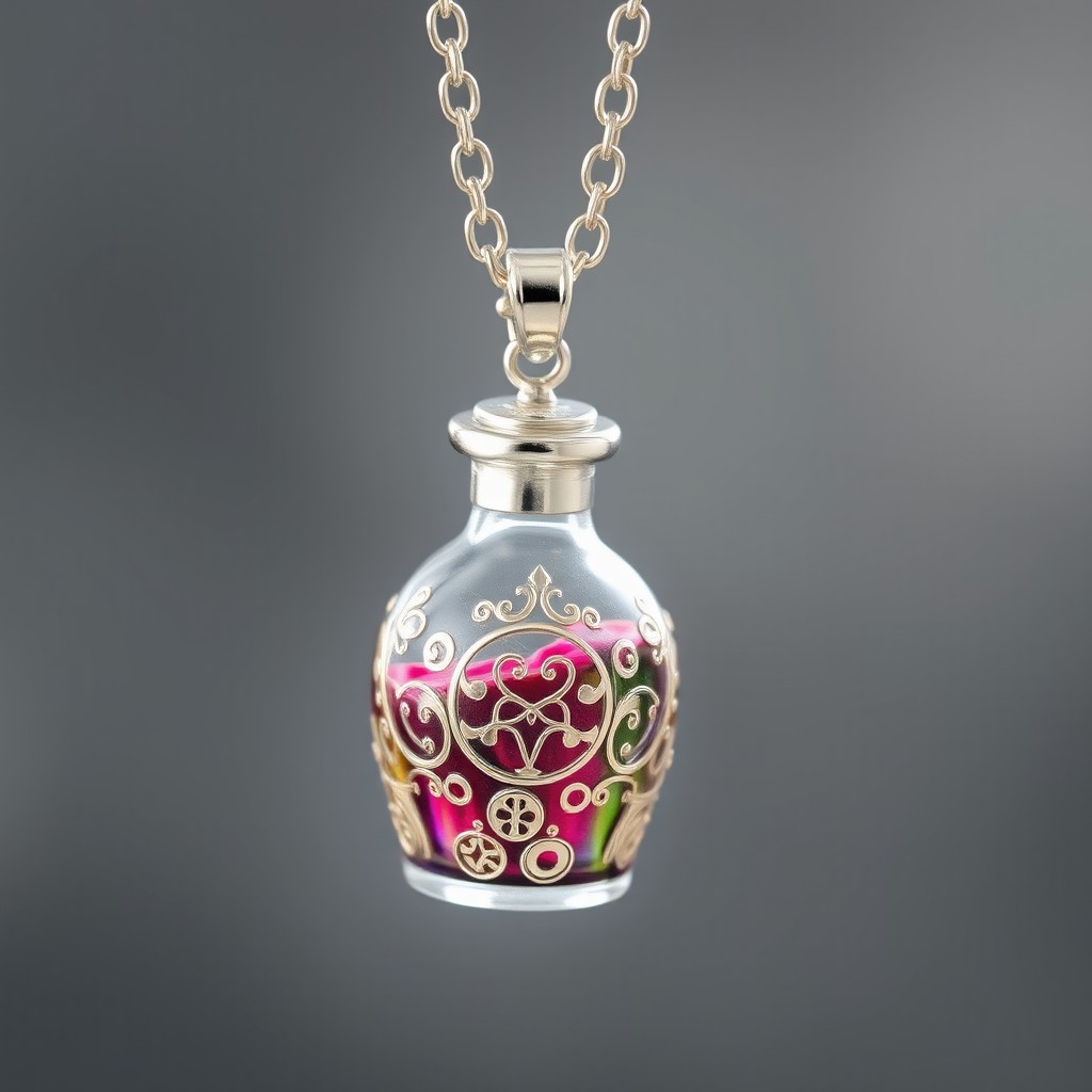 A beautiful silver necklace featuring a cute potion bottle pendant, intricately designed with magical symbols and a vibrant liquid inside