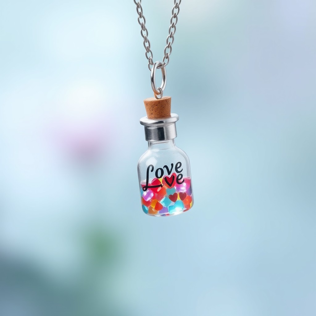 A beautiful silver necklace featuring an adorable love potion bottle pendant