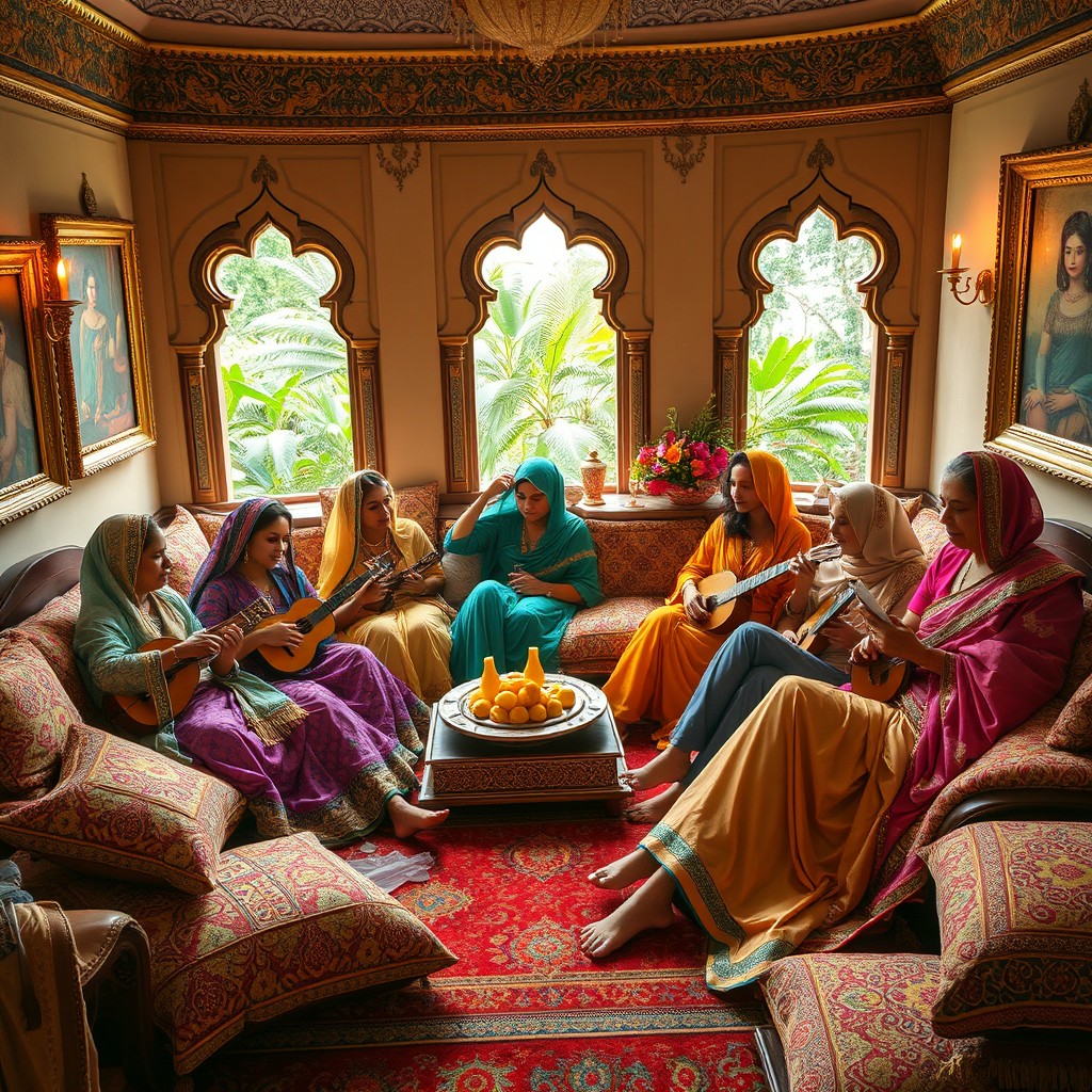 A vibrant and exotic harem scene depicting a luxurious interior with ornate pillows, rich fabrics, and intricate patterns