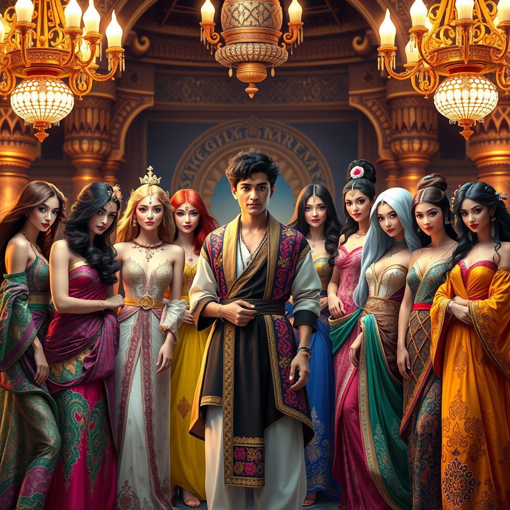 A vibrant and colorful harem scene featuring a group of diverse characters, including a confident young man at the center wearing traditional and modern mixed attire, surrounded by a variety of beautiful women in luxurious, flowing garments adorned with intricate patterns and rich colors
