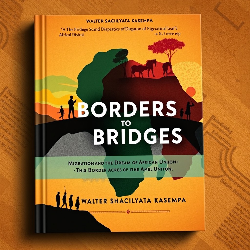 A thought-provoking book cover design for ‘Borders to Bridges: Migration and the Dream of African Unity’ by Walter Shacilyata Kasempa