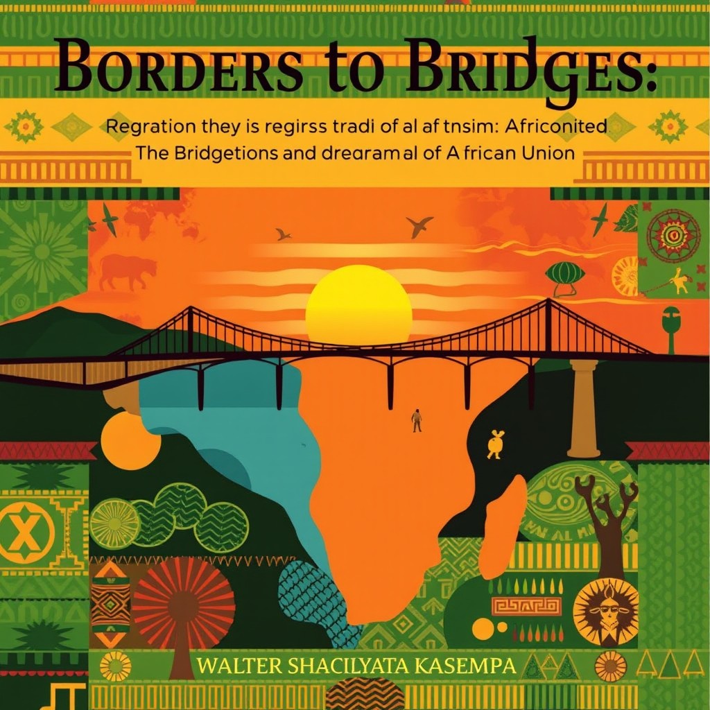 Cover illustration for the book titled 'Borders to Bridges: Migration and the Dream of African Unity' by Walter Shacilyata Kasempa, featuring a vibrant, symbolic representation of Africa