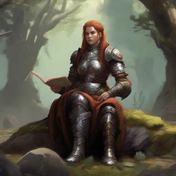 a current made from splinters and earth floats around a female dwarven kineticist that meditates amid nature while wearing her heavy armor