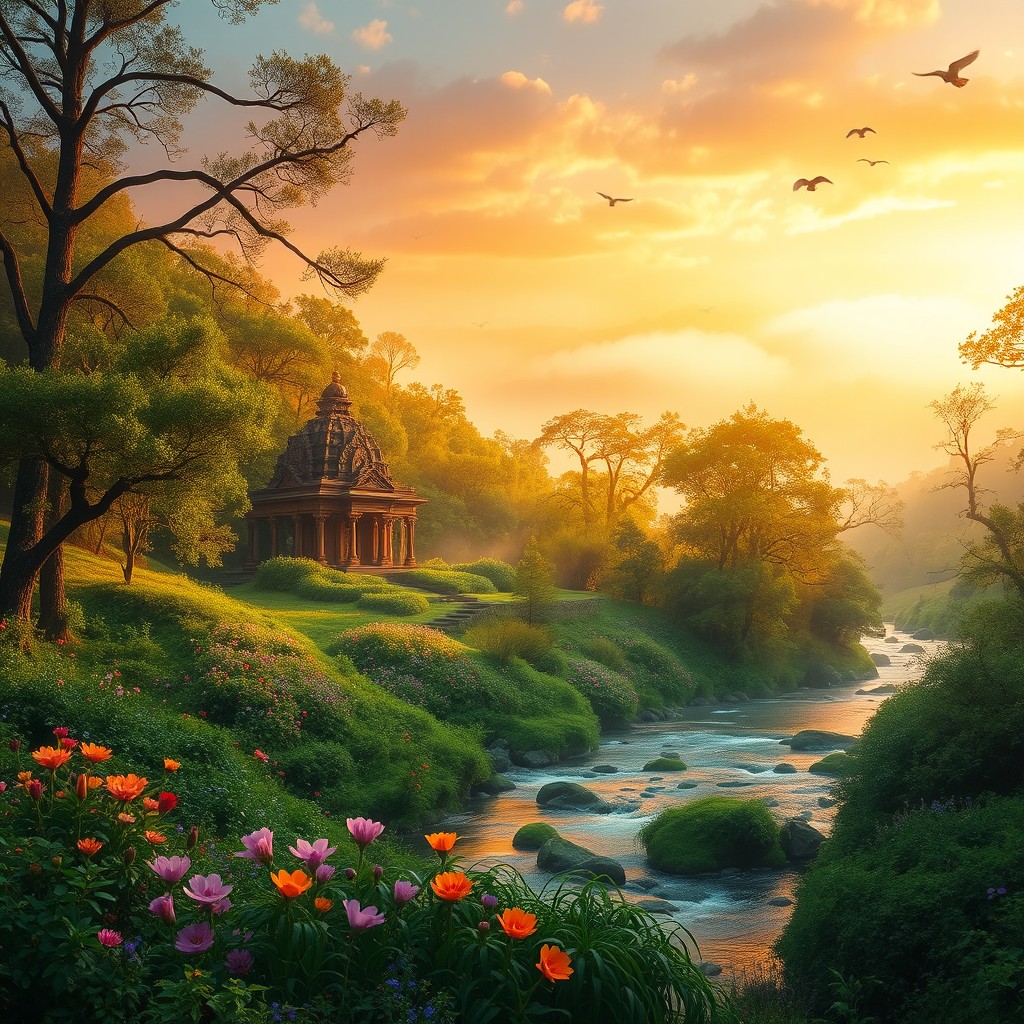 A mystical landscape featuring an ancient temple nestled in the woods, bathed in golden hour light