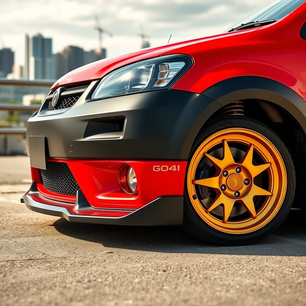 A vibrant red Gol G4 with a sleek black bumper, fitted with sporty suspension lowering springs, and stylish golden 17-inch wheels