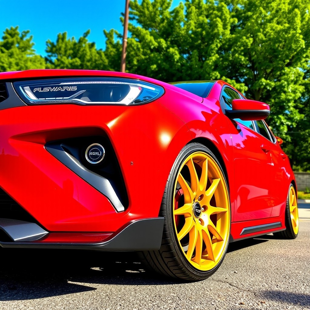 A striking red Gol G4 featuring a black bumper, sporty suspension with lowered ride height, and eye-catching 17-inch golden alloy wheels