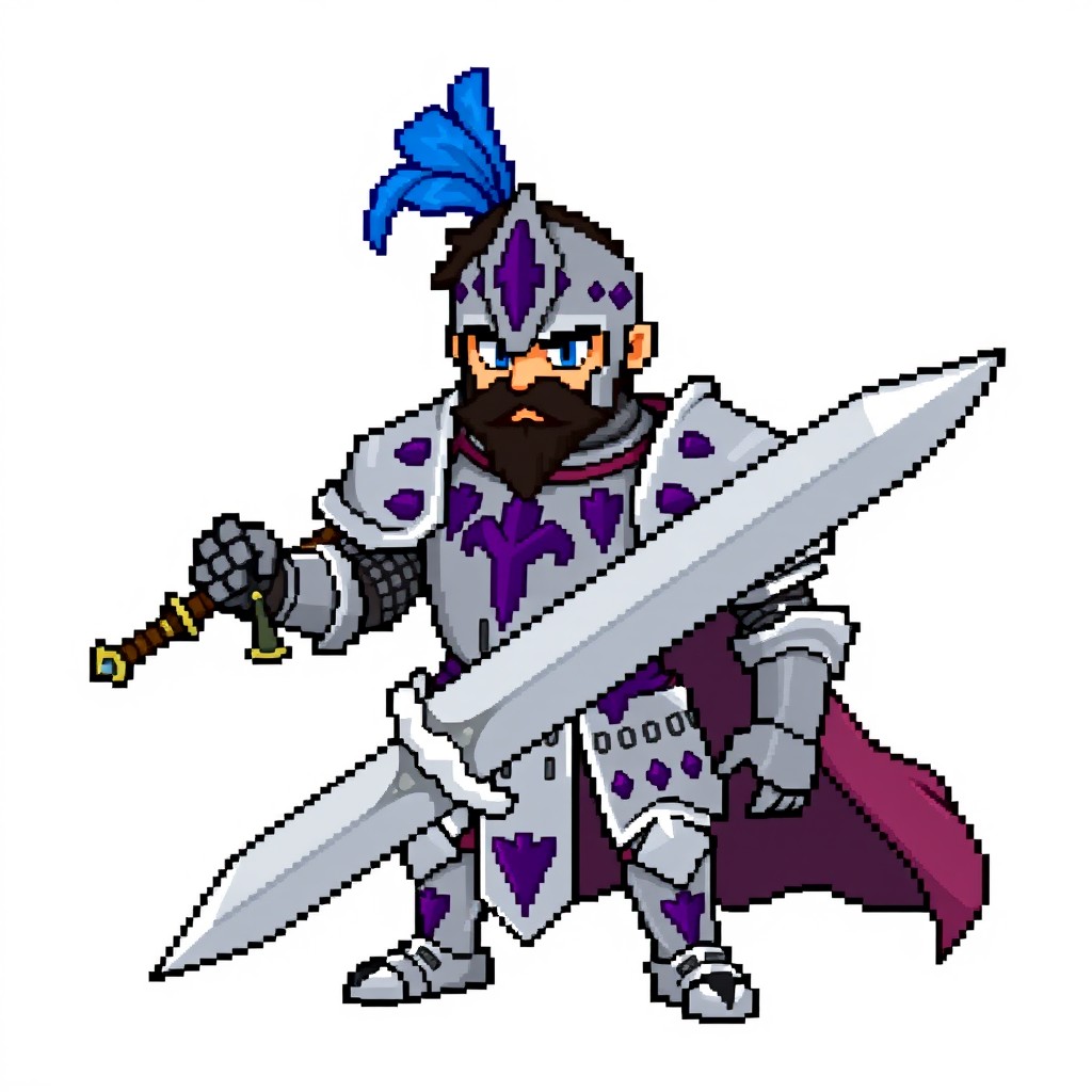 A full body trainer sprite for Pokémon Essentials in 5th generation graphics featuring a fully armored medieval knight holding a large bastard sword