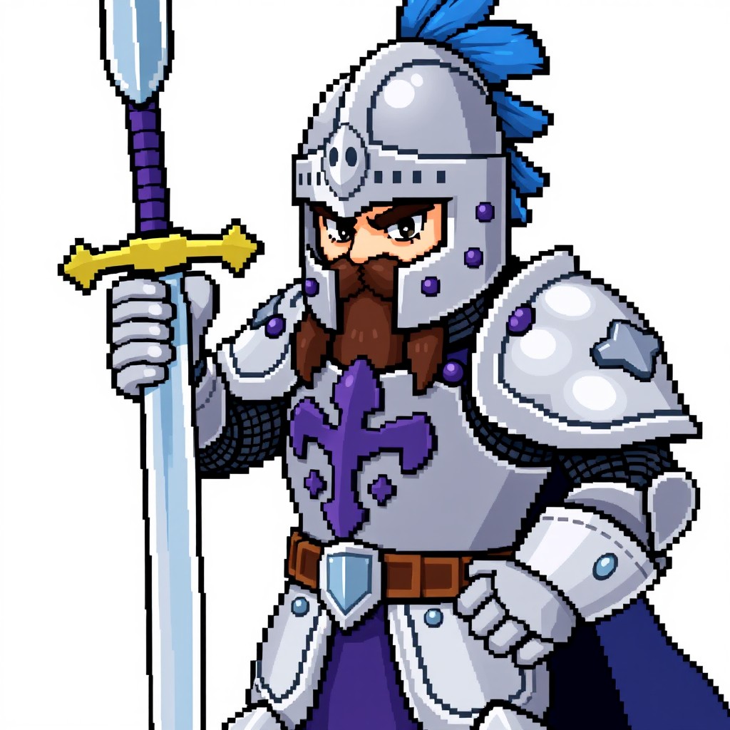 A full body trainer sprite for Pokémon Essentials in 5th generation graphics depicting a fully armored medieval knight holding a large bastard sword