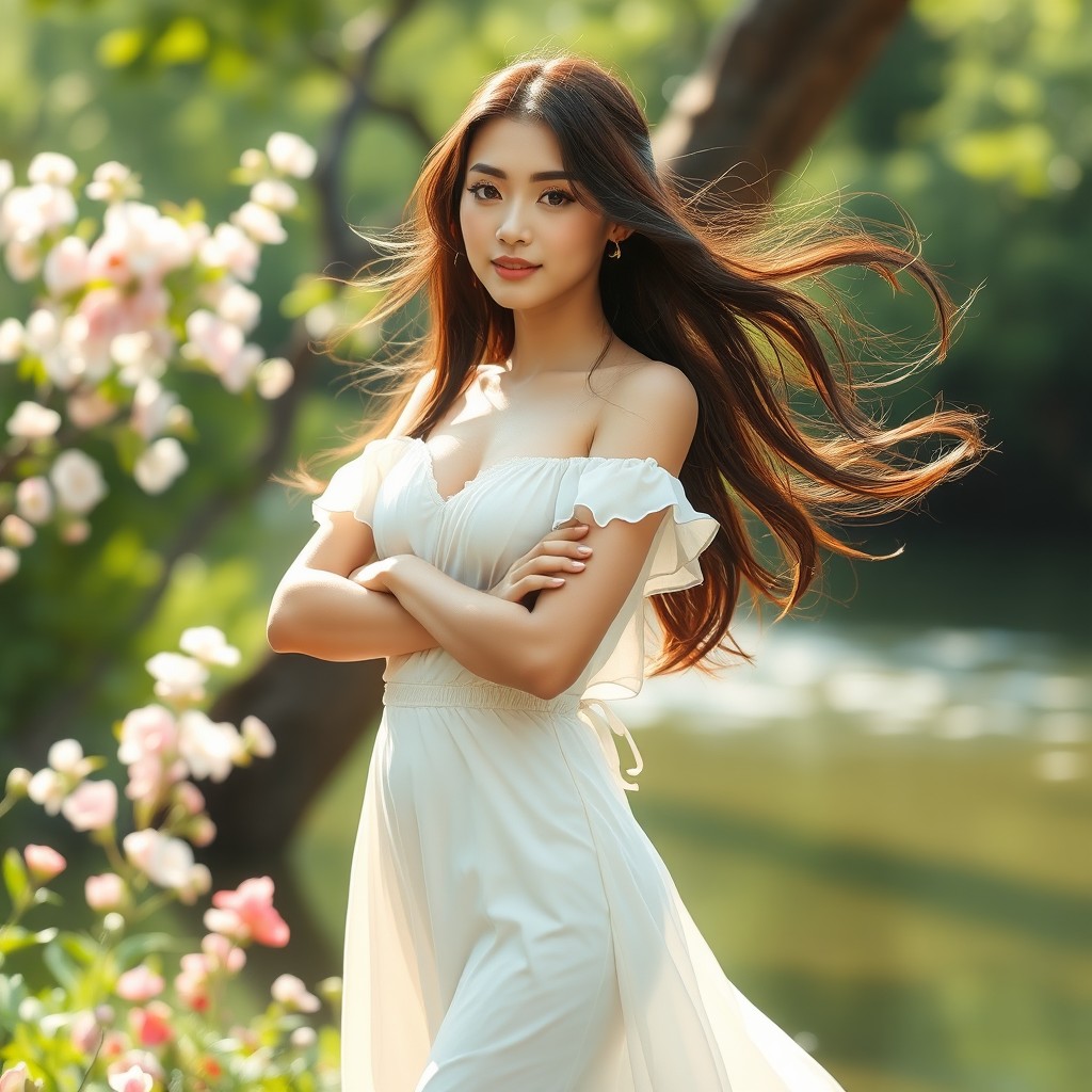 A beautiful woman standing confidently in a tasteful natural setting, showcasing a sense of freedom and self-expression