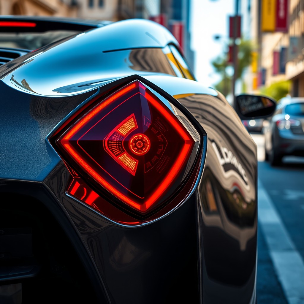 A close-up image of a unique car stop lamp, designed in an unconventional shape resembling a futuristic diamond or crystal, with brilliant red lighting emitting from its facets